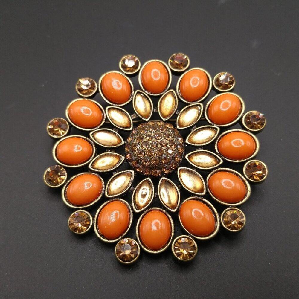 Vintage Orange Cabochon Topaz Rhinestone Floral Brooch, 1990s, 2 1/4 Inches